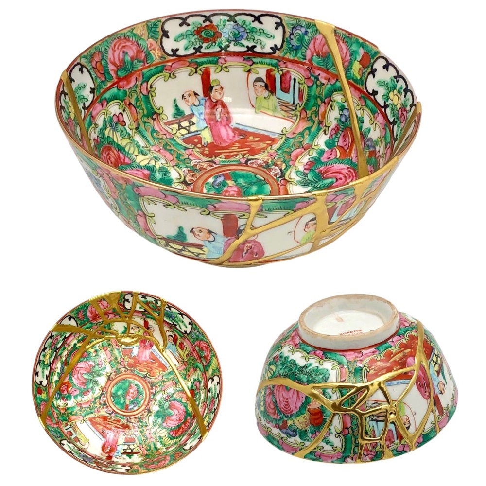 Chinese Famille Rose Bowl Pink Floral Kintsugi Gold Crack Personal Growth Gift